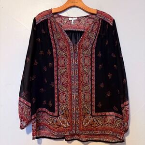 Joie Womens 100% Silk Paisley Border Print V-Neck Sheer Bohemian Blouse SZ Small